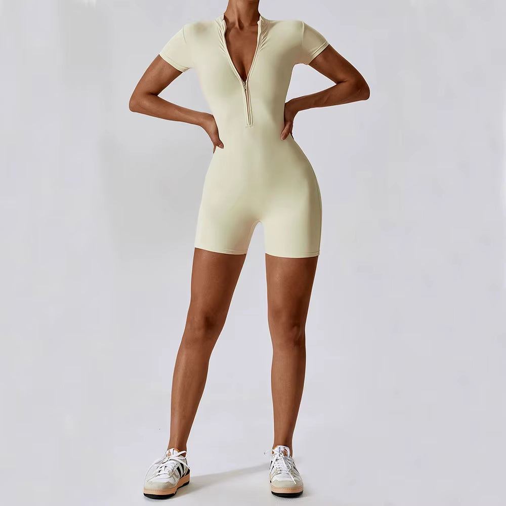 SWELTERING Women’s Short Sleeve Yoga Jumpsuit – Zipper Sports Bodysuit for Gym, Dance & Running