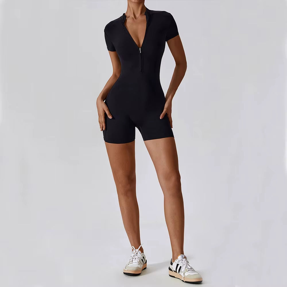 SWELTERING Women’s Short Sleeve Yoga Jumpsuit – Zipper Sports Bodysuit for Gym, Dance & Running