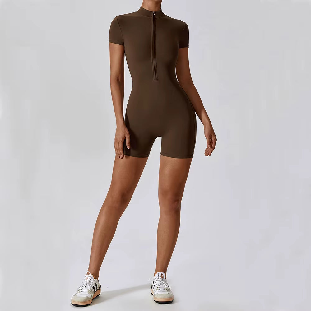 SWELTERING Women’s Short Sleeve Yoga Jumpsuit – Zipper Sports Bodysuit for Gym, Dance & Running