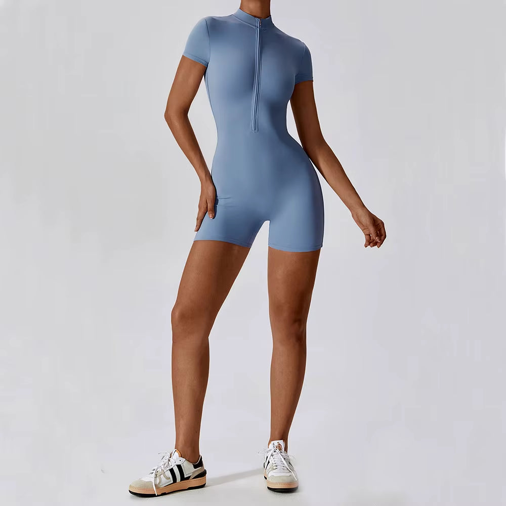SWELTERING Women’s Short Sleeve Yoga Jumpsuit – Zipper Sports Bodysuit for Gym, Dance & Running