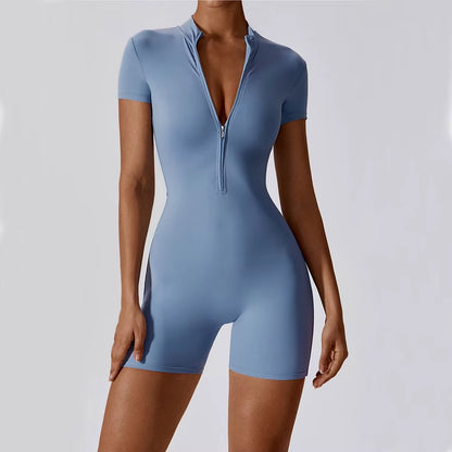 SWELTERING Women’s Short Sleeve Yoga Jumpsuit – Zipper Sports Bodysuit for Gym, Dance & Running