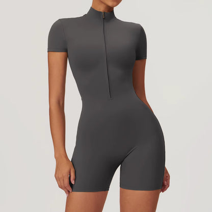 SWELTERING Women’s Short Sleeve Yoga Jumpsuit – Zipper Sports Bodysuit for Gym, Dance & Running