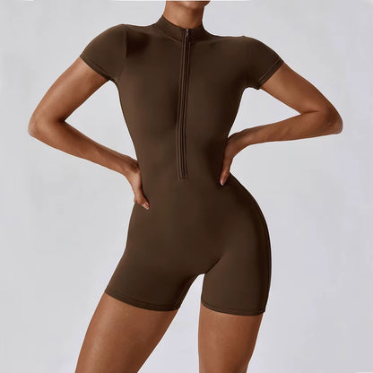 SWELTERING Women’s Short Sleeve Yoga Jumpsuit – Zipper Sports Bodysuit for Gym, Dance & Running