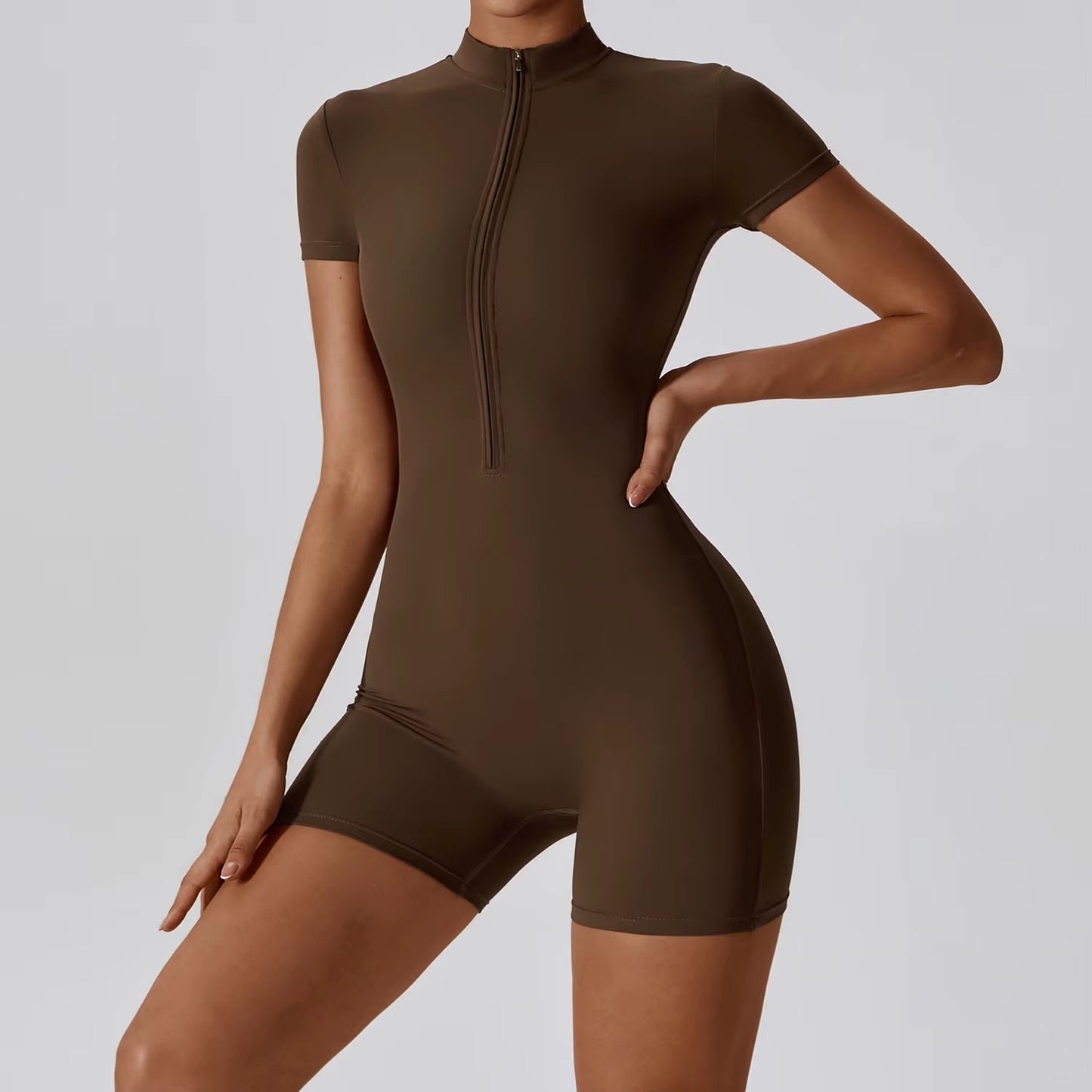 SWELTERING Women’s Short Sleeve Yoga Jumpsuit – Zipper Sports Bodysuit for Gym, Dance & Running